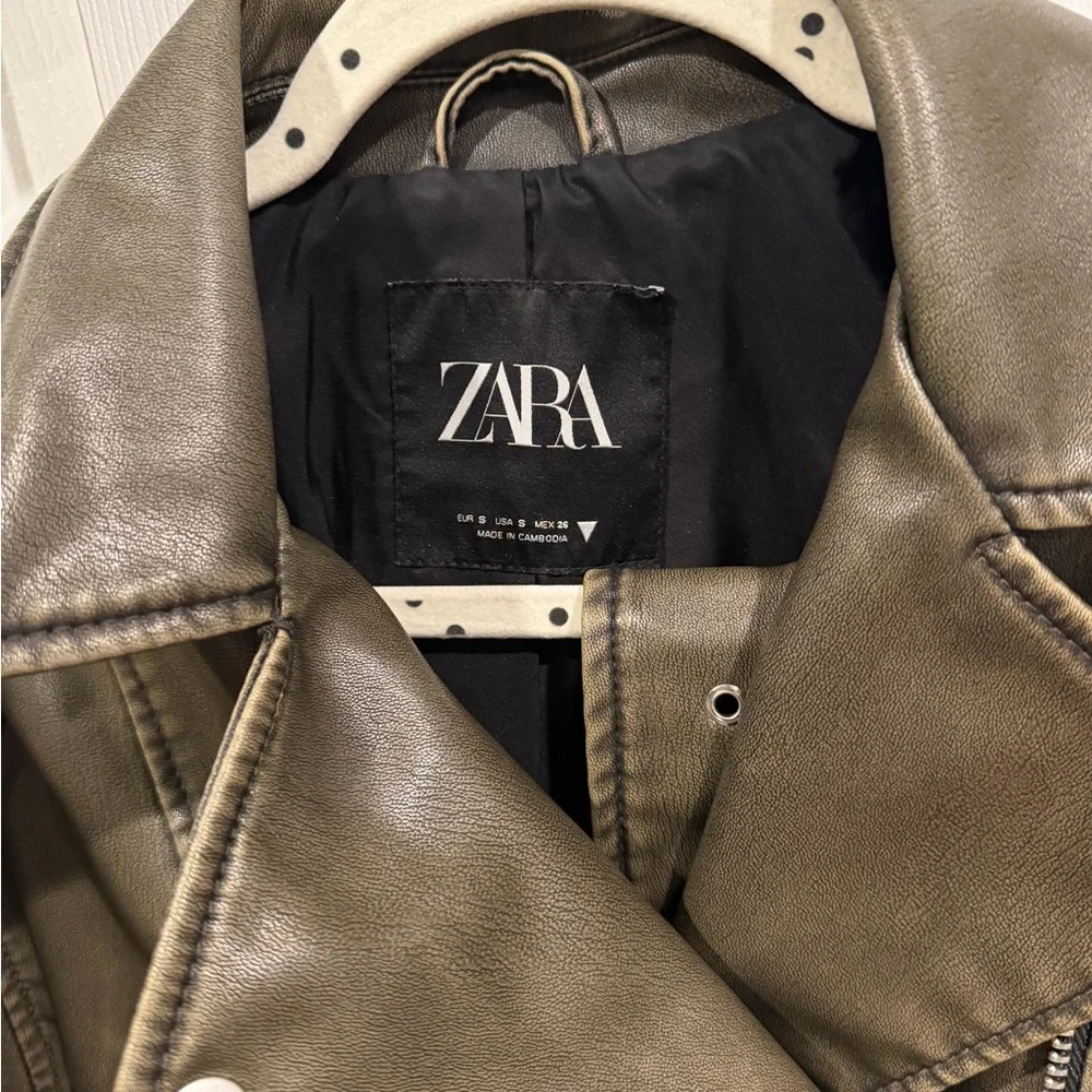 Zara Olive Green Faux Leather Biker Jacket